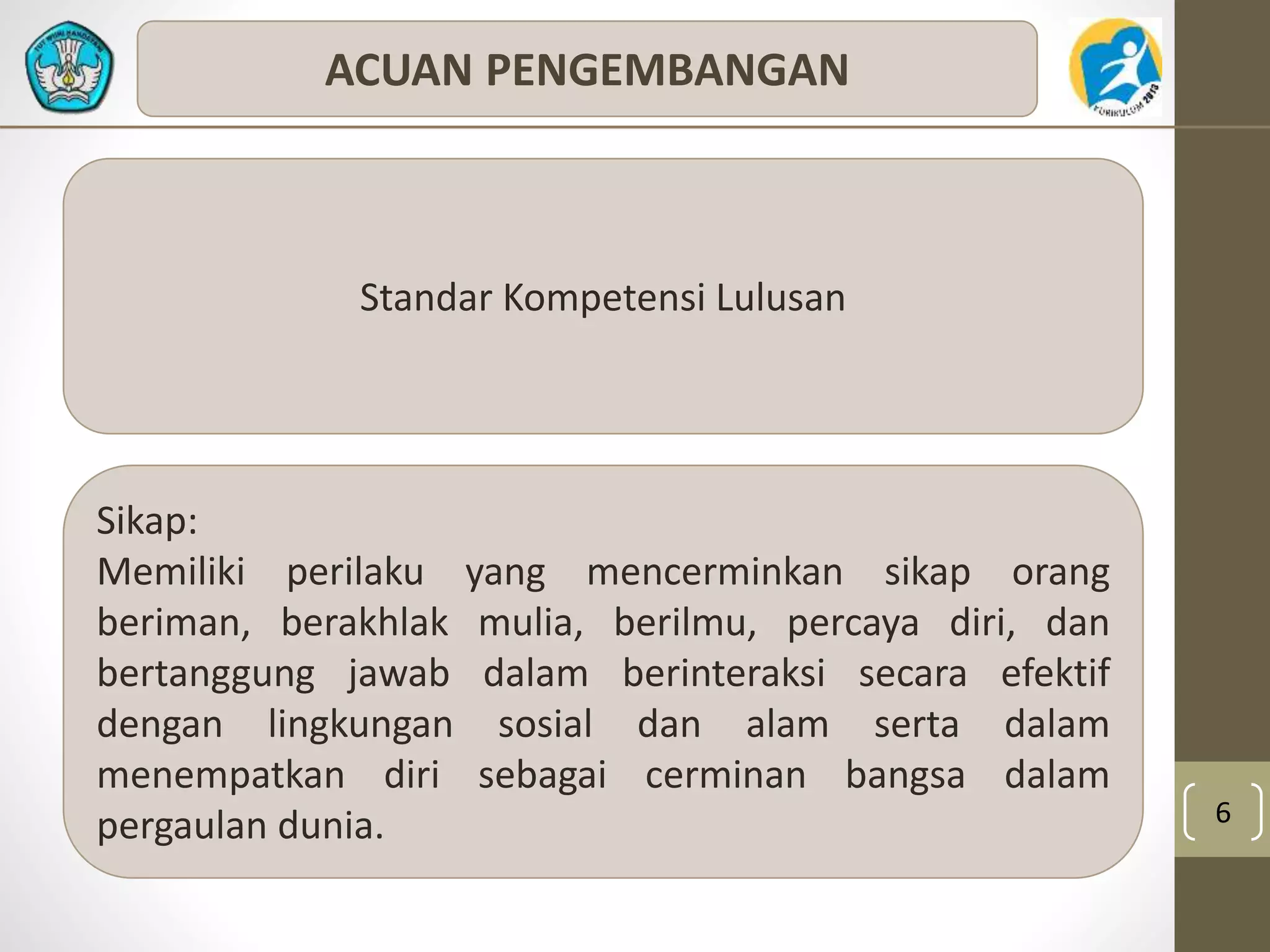 6 
ACUAN PENGEMBANGAN 
Standar Kompetensi Lulusan 
Sikap: 
Memiliki perilaku yang mencerminkan sikap orang 
beriman, berakhlak mulia, berilmu, percaya diri, dan 
bertanggung jawab dalam berinteraksi secara efektif 
dengan lingkungan sosial dan alam serta dalam 
menempatkan diri sebagai cerminan bangsa dalam 
pergaulan dunia. 
 