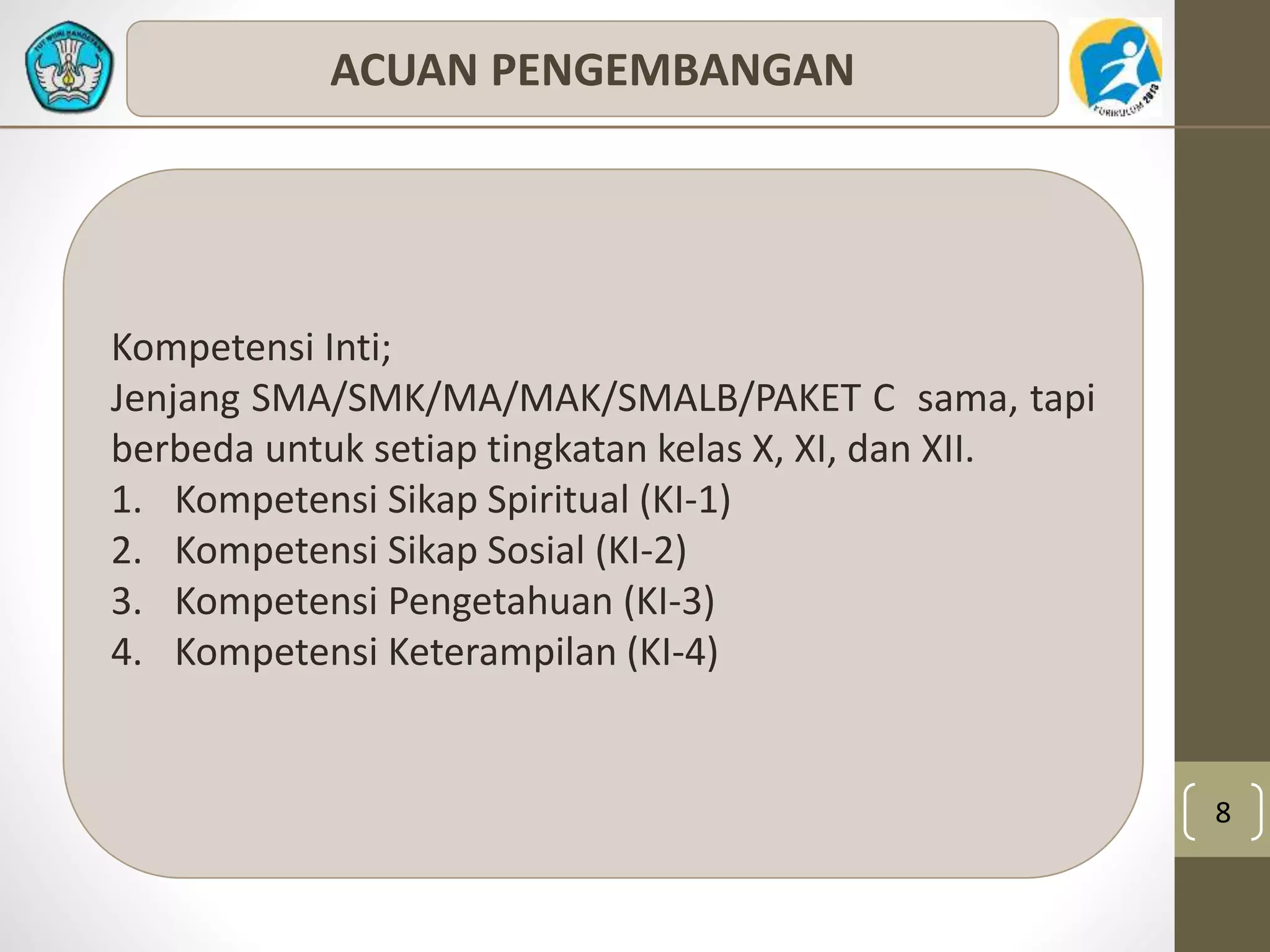 8 
ACUAN PENGEMBANGAN 
Kompetensi Inti; 
Jenjang SMA/SMK/MA/MAK/SMALB/PAKET C sama, tapi 
berbeda untuk setiap tingkatan kelas X, XI, dan XII. 
1. Kompetensi Sikap Spiritual (KI-1) 
2. Kompetensi Sikap Sosial (KI-2) 
3. Kompetensi Pengetahuan (KI-3) 
4. Kompetensi Keterampilan (KI-4) 
 