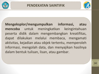 14 
PENDEKATAN SAINTIFIK 
Mengeksplor/mengumpulkan informasi, atau 
mencoba untuk meningkatkan keingintahuan 
peserta didik dalam mengembangkan kreatifitas, 
dapat dilakukan melalui membaca, mengamati 
aktivitas, kejadian atau objek tertentu, memperoleh 
informasi, mengolah data, dan menyajikan hasilnya 
dalam bentuk tulisan, lisan, atau gambar. 
 