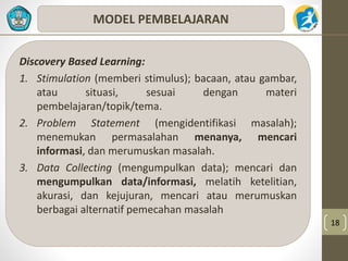 18 
MODEL PEMBELAJARAN 
Discovery Based Learning: 
1. Stimulation (memberi stimulus); bacaan, atau gambar, 
atau situasi, sesuai dengan materi 
pembelajaran/topik/tema. 
2. Problem Statement (mengidentifikasi masalah); 
menemukan permasalahan menanya, mencari 
informasi, dan merumuskan masalah. 
3. Data Collecting (mengumpulkan data); mencari dan 
mengumpulkan data/informasi, melatih ketelitian, 
akurasi, dan kejujuran, mencari atau merumuskan 
berbagai alternatif pemecahan masalah 
 