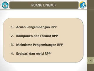 4 
RUANG LINGKUP 
1. Acuan Pengembangan RPP 
2. Komponen dan Format RPP. 
3. Meknisme Pengembangan RPP 
4. Evaluasi dan revisi RPP 
 
