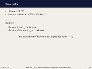 Blank nodes
EDBT 2013 Efﬁcient Query Answering against Dynamic RDF Databases 5 / 35
⊲ feature of RDF
⊲ support unknown URI/literal tokens
Example:
the country of _:b1 is Italy
the city of the same _:b1 is Genoa
the population of Genoa is an unspeciﬁed value _:b2
 