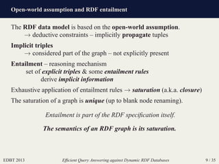 Open-world assumption and RDF entailment
EDBT 2013 Efﬁcient Query Answering against Dynamic RDF Databases 9 / 35
The RDF data model is based on the open-world assumption.
→ deductive constraints – implicitly propagate tuples
Implicit triples
→ considered part of the graph – not explicitly present
Entailment – reasoning mechanism
set of explicit triples & some entailment rules
derive implicit information
Exhaustive application of entailment rules → saturation (a.k.a. closure)
The saturation of a graph is unique (up to blank node renaming).
Entailment is part of the RDF speciﬁcation itself.
The semantics of an RDF graph is its saturation.
 