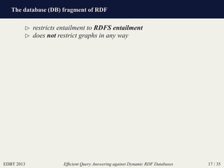 The database (DB) fragment of RDF
EDBT 2013 Efﬁcient Query Answering against Dynamic RDF Databases 17 / 35
⊲ restricts entailment to RDFS entailment
⊲ does not restrict graphs in any way
 