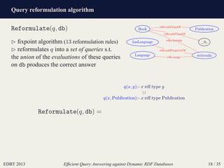 Query reformulation algorithm
EDBT 2013 Efﬁcient Query Answering against Dynamic RDF Databases 18 / 35
Reformulate(q, db)
⊲ ﬁxpoint algorithm (13 reformulation rules)
⊲ reformulates q into a set of queries s.t.
the union of the evaluations of these queries
on db produces the correct answer
Book
_:b1
Language writtenIn
hasLanguage
Publication
rdfs:subClassOf
rdfs:subClassOf
rdfs:domain
rdfs:range
rdfs:subPropertyOf
Reformulate(q, db) =
q(x, y):- x rdf:type y
∪
q(x, Publication):- x rdf:type Publication
 