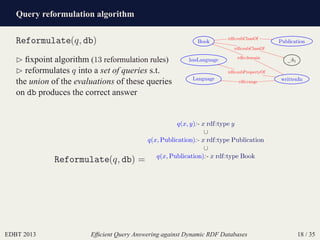 Query reformulation algorithm
EDBT 2013 Efﬁcient Query Answering against Dynamic RDF Databases 18 / 35
Reformulate(q, db)
⊲ ﬁxpoint algorithm (13 reformulation rules)
⊲ reformulates q into a set of queries s.t.
the union of the evaluations of these queries
on db produces the correct answer
Book
_:b1
Language writtenIn
hasLanguage
Publication
rdfs:subClassOf
rdfs:subClassOf
rdfs:domain
rdfs:range
rdfs:subPropertyOf
Reformulate(q, db) =
q(x, y):- x rdf:type y
∪
q(x, Publication):- x rdf:type Publication
∪
q(x, Publication):- x rdf:type Book
 