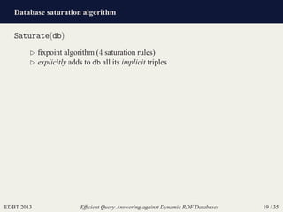 Database saturation algorithm
EDBT 2013 Efﬁcient Query Answering against Dynamic RDF Databases 19 / 35
Saturate(db)
⊲ ﬁxpoint algorithm (4 saturation rules)
⊲ explicitly adds to db all its implicit triples
 