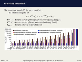Saturation thresholds
EDBT 2013 Efﬁcient Query Answering against Dynamic RDF Databases 27 / 35
The saturation threshold of a query q (st(q)):
the smallest integer n s.t.
n × tref
(q) > n × tsat
(q) + tsat+
tref
(q) – time to answer q through reformulation (using Triple)
tsat
(q) – time to answer q based on saturation (using SatM)
tsat+ – time to saturate db (create SatM)
AB
CDE CDF D AB D AB C F DC F DF
D AB C F DC B A DF D AB C C F DF
D AB C C B A DF
 