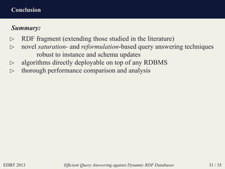Conclusion
EDBT 2013 Efﬁcient Query Answering against Dynamic RDF Databases 31 / 35
Summary:
⊲ RDF fragment (extending those studied in the literature)
⊲ novel saturation- and reformulation-based query answering techniques
robust to instance and schema updates
⊲ algorithms directly deployable on top of any RDBMS
⊲ thorough performance comparison and analysis
 