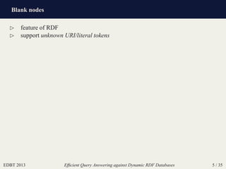 Blank nodes
EDBT 2013 Efﬁcient Query Answering against Dynamic RDF Databases 5 / 35
⊲ feature of RDF
⊲ support unknown URI/literal tokens
 
