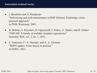 Saturation (related work)
EDBT 2013 Efﬁcient Query Answering against Dynamic RDF Databases 35 / 35
• J. Broekstra and A. Kampman
“Inferencing and truth maintenance in RDF Schema: Exploring a naive
practical approach”
in PSSS Workshop, 2003.
• B. Bishop, A. Kiryakov, D. Ognyanoff, I. Peikov, Z. Tashev, and R. Velkov
“OWLIM: A family of scalable semantic repositories”
Semantic Web, vol. 2, no. 1, 2011.
• C. Gutierrez, C. A. Hurtado, and A. A. Vaisman
“RDFS update: From theory to practice”
in ESWC, 2011.
 