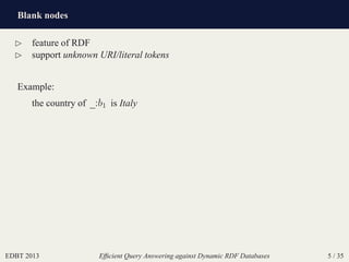 Blank nodes
EDBT 2013 Efﬁcient Query Answering against Dynamic RDF Databases 5 / 35
⊲ feature of RDF
⊲ support unknown URI/literal tokens
Example:
the country of _:b1 is Italy
 