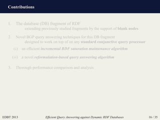 Contributions
EDBT 2013 Efﬁcient Query Answering against Dynamic RDF Databases 16 / 35
1. The database (DB) fragment of RD...