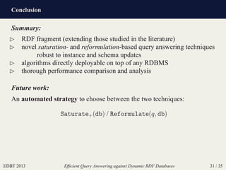 Conclusion
EDBT 2013 Efﬁcient Query Answering against Dynamic RDF Databases 31 / 35
Summary:
⊲ RDF fragment (extending tho...