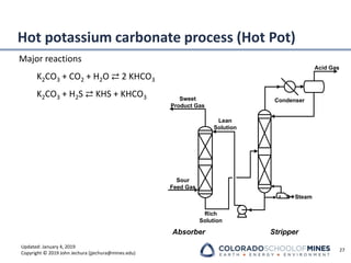 Updated: January 4, 2019
Copyright © 2019 John Jechura (jjechura@mines.edu)
Hot potassium carbonate process (Hot Pot)
Major reactions
K2CO3 + CO2 + H2O ⇄ 2 KHCO3
K2CO3 + H2S ⇄ KHS + KHCO3
27
contactor
Sour
Feed Gas
Sweet
Product Gas
Rich
Solution
Lean
Solution
Acid Gas
Absorber
Steam
Condenser
Stripper
 