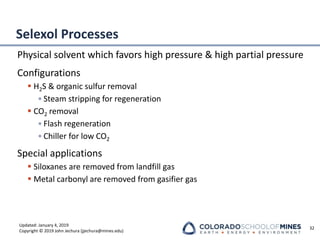 Updated: January 4, 2019
Copyright © 2019 John Jechura (jjechura@mines.edu)
Selexol Processes
Physical solvent which favors high pressure & high partial pressure
Configurations
▪ H2S & organic sulfur removal
• Steam stripping for regeneration
▪ CO2 removal
• Flash regeneration
• Chiller for low CO2
Special applications
▪ Siloxanes are removed from landfill gas
▪ Metal carbonyl are removed from gasifier gas
32
 