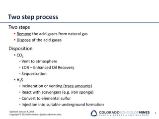 Updated: January 4, 2019
Copyright © 2019 John Jechura (jjechura@mines.edu)
Two step process
Two steps
▪ Remove the acid gases from natural gas
▪ Dispose of the acid gases
Disposition
▪ CO2
• Vent to atmosphere
• EOR – Enhanced Oil Recovery
• Sequestration
▪ H2S
• Incineration or venting (trace amounts)
• React with scavengers (e.g. iron sponge)
• Convert to elemental sulfur
• Injection into suitable underground formation
5
 