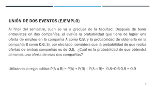 UNIÓN DE DOS EVENTOS (EJEMPLO)
Al final del semestre, Juan se va a graduar de la facultad. Después de tener
entrevistas en dos compañías, el evalúa la probabilidad que tiene de lograr una
oferta de empleo en la compañía A como 0.8, y la probabilidad de obtenerla en la
compañía B como 0.6. Si, por otro lado, considera que la probabilidad de que reciba
ofertas de ambas compañías es de 0.5, ¿Cuál es la probabilidad de que obtendrá
al menos una oferta de esas dos compañías?
Utilizando la regla aditiva P(A u B) = P(A) + P(B) – P(A n B)= 0.8+0.6-0.5 = 0.9
35
 