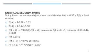 EJEMPLOS, SEGUNDA PARTE
Si A y B son dos sucesos disjuntos con probabilidades P(A) = 0.37 y P(B) = 0.44
calcular:
a) P(~A) = 1-0.37 = 0.63
b) P(~B) = 1-0.44=0.56
c) P(A u B) = P(A)+P(B)-P(A n B), pero como P(A n B) =0, entonces: 0.37+0.44-
0=0.81
d) P(A n B) =0
e) P(A n ~B) = P(A)*P(~B)= 0.207
f) P(~A n B) = P(~A)*P(B) = 0.277
37
 