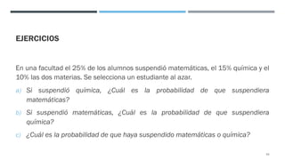 EJERCICIOS
En una facultad el 25% de los alumnos suspendió matemáticas, el 15% química y el
10% las dos materias. Se selecciona un estudiante al azar.
a) Si suspendió química, ¿Cuál es la probabilidad de que suspendiera
matemáticas?
b) Si suspendió matemáticas, ¿Cuál es la probabilidad de que suspendiera
química?
c) ¿Cuál es la probabilidad de que haya suspendido matemáticas o química?
43
 
