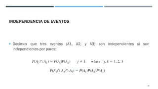 INDEPENDENCIA DE EVENTOS
¡ Decimos que tres eventos (A1, A2, y A3) son independientes si son
independientes por pares:
49
 