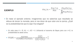 EJEMPLO
¡ En base al ejemplo anterior, imaginemos que no sabemos que resultado se
obtuvo de lanzar la moneda, pero si nos dicen de que color era la canica. ¿Cuál
es la probabilidad de que la caja I fue elegida?
¡ En este caso A = R, A1 = I, A2 = II. Utilizando el teorema de Bayes pero con n=2, la
probabilidad es dada como:
¡ 𝑃 𝐼|𝑅 =
2 7 2(8|7)
2 7 2 𝑅 𝐼 :2 77 2(8|77)
=
!
"
#
$
!
"
#
$
:
!
"
"
!%
=
%
;
55
 