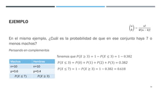 EJEMPLO
En el mismo ejemplo, ¿Cuál es la probabilidad de que en ese conjunto haya 7 o
menos machos?
Pensando en complementos
Tenemos que 𝑃 𝑋 ≥ 3 = 1 − 𝑃 𝑋 ≤ 3 = 1 − 0.382
𝑃 𝑋 ≤ 3 = 𝑃 0 + 𝑃 1 + 𝑃 2 + 𝑃(3) = 0.382
𝑃 𝑋 ≤ 2 𝑃 𝑋 ≤ 2 𝑃 𝑋 ≤ 7 = 1 − 𝑃 𝑋 ≥ 3 = 1 − 0.382 = 0.618
66
Machos Hembras
n=10 n=10
p=0.6 p=0.4
𝑃(𝑋 ≤ 7) 𝑃(𝑋 ≥ 3)
 