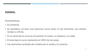 NORMAL
Características:
¡ Es simétrica
¡ Es asintótica, es decir sus extremos nunca tocan el eje horizontal. Los valores
tienden a infinito.
¡ En el centro de la curva se encuentran la media, la mediana y la moda.
¡ El área bajo la curva representa el 100% de los casos.
¡ Los elementos centrales del modelo son la media y la varianza.
76
 