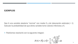 EJEMPLOS
Sea X una variable aleatoria “normal” con media 5 y de (desviación estándar) = 2.
Calcular la probabilidad de que dicha variable tome valores inferiores a 4.
¡ Podríamos resolverlo con la siguiente integral:
78
 