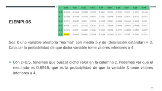 EJEMPLOS
Sea X una variable aleatoria “normal” con media 5 y de (desviación estándar) = 2.
Calcular la probabilidad de que dicha variable tome valores inferiores a 4.
¡ Con z=0.5, tenemos que buscar dicho valor en la columna z. Podemos ver que el
resultado es 0.6915, que es la probabilidad de que la variable X tome valores
inferiores a 4.
82
 