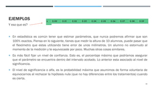 EJEMPLOS
Y eso que es?
¡ En estadística es común tener que estimar parámetros, que nunca podremos afirmar que son
100% exactos. Piensa en lo siguiente, tienes que medir la altura de 10 alumnos, puede pasar que
el flexómetro que estas utilizando tiene error de unos milímetros. Un alumno no estornudo al
momento de la medición y te equivocaste por poco. Muchas otras cosas similares.
¡ Es más fácil fijar un nivel de confianza. Esto es, el porcentaje máximo que podríamos asegurar
que el parámetro se encuentra dentro del intervalo acotado. Lo anterior esta asociado al nivel de
significancia.
¡ El nivel de significancia o alfa, es la probabilidad máxima que asumimos de forma voluntaria de
equivocarnos al rechazar la hipótesis nula (que no hay diferencias entre los tratamientos) cuando
es cierta.
84
 
