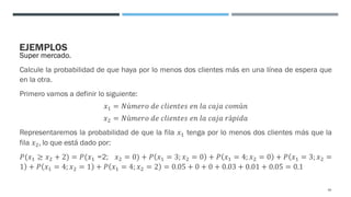 EJEMPLOS
Super mercado.
Calcule la probabilidad de que haya por lo menos dos clientes más en una línea de espera que
en la otra.
Primero vamos a definir lo siguiente:
𝑥" = 𝑁ú𝑚𝑒𝑟𝑜 𝑑𝑒 𝑐𝑙𝑖𝑒𝑛𝑡𝑒𝑠 𝑒𝑛 𝑙𝑎 𝑐𝑎𝑗𝑎 𝑐𝑜𝑚ú𝑛
𝑥& = 𝑁ú𝑚𝑒𝑟𝑜 𝑑𝑒 𝑐𝑙𝑖𝑒𝑛𝑡𝑒𝑠 𝑒𝑛 𝑙𝑎 𝑐𝑎𝑗𝑎 𝑟á𝑝𝑖𝑑𝑎
Representaremos la probabilidad de que la fila 𝑥" tenga por lo menos dos clientes más que la
fila 𝑥&, lo que está dado por:
𝑃(𝑥" ≥ 𝑥& + 2) = 𝑃(𝑥" =2; 𝑥& = 0) + 𝑃 𝑥" = 3; 𝑥& = 0 + 𝑃 𝑥" = 4; 𝑥& = 0 + 𝑃(
)
𝑥" = 3; 𝑥& =
1 + 𝑃 𝑥" = 4; 𝑥& = 1 + 𝑃 𝑥" = 4; 𝑥& = 2 = 0.05 + 0 + 0 + 0.03 + 0.01 + 0.05 = 0.1
95
 
