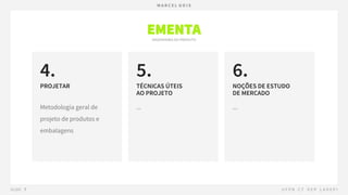 EMENTA
PROJETAR
4.
TÉCNICAS ÚTEIS
AO PROJETO
5.
NOÇÕES DE ESTUDO
DE MERCADO
6.
 