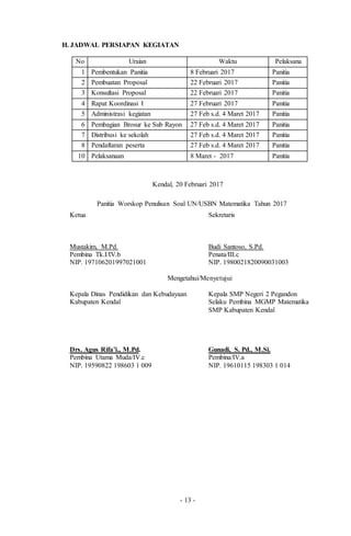 - 13 -
H. JADWAL PERSIAPAN KEGIATAN
No Uraian Waktu Pelaksana
1 Pembentukan Panitia 8 Februari 2017 Panitia
2 Pembuatan Proposal 22 Februari 2017 Panitia
3 Konsultasi Proposal 22 Februari 2017 Panitia
4 Rapat Koordinasi I 27 Februari 2017 Panitia
5 Administrasi kegiatan 27 Feb s.d. 4 Maret 2017 Panitia
6 Pembagian Brosur ke Sub Rayon 27 Feb s.d. 4 Maret 2017 Panitia
7 Distribusi ke sekolah 27 Feb s.d. 4 Maret 2017 Panitia
8 Pendaftaran peserta 27 Feb s.d. 4 Maret 2017 Panitia
10 Pelaksanaan 8 Maret - 2017 Panitia
Kendal, 20 Februari 2017
Panitia Worskop Penulisan Soal UN/USBN Matematika Tahun 2017
Ketua Sekretaris
Mustakim, M.Pd. Budi Santoso, S.Pd.
Pembina Tk.I/IV.b Penata/III.c
NIP. 197106201997021001 NIP. 1980021820090031003
Mengetahui/Menyetujui
Kepala Dinas Pendidikan dan Kebudayaan Kepala SMP Negeri 2 Pegandon
Kabupaten Kendal Selaku Pembina MGMP Matematika
SMP Kabupaten Kendal
Drs. Agus Rifa’i., M.Pd. Gunadi, S. Pd., M.Si.
Pembina Utama Muda/IV.c Pembina/IV.a
NIP. 19590822 198603 1 009 NIP. 19610115 198303 1 014
 