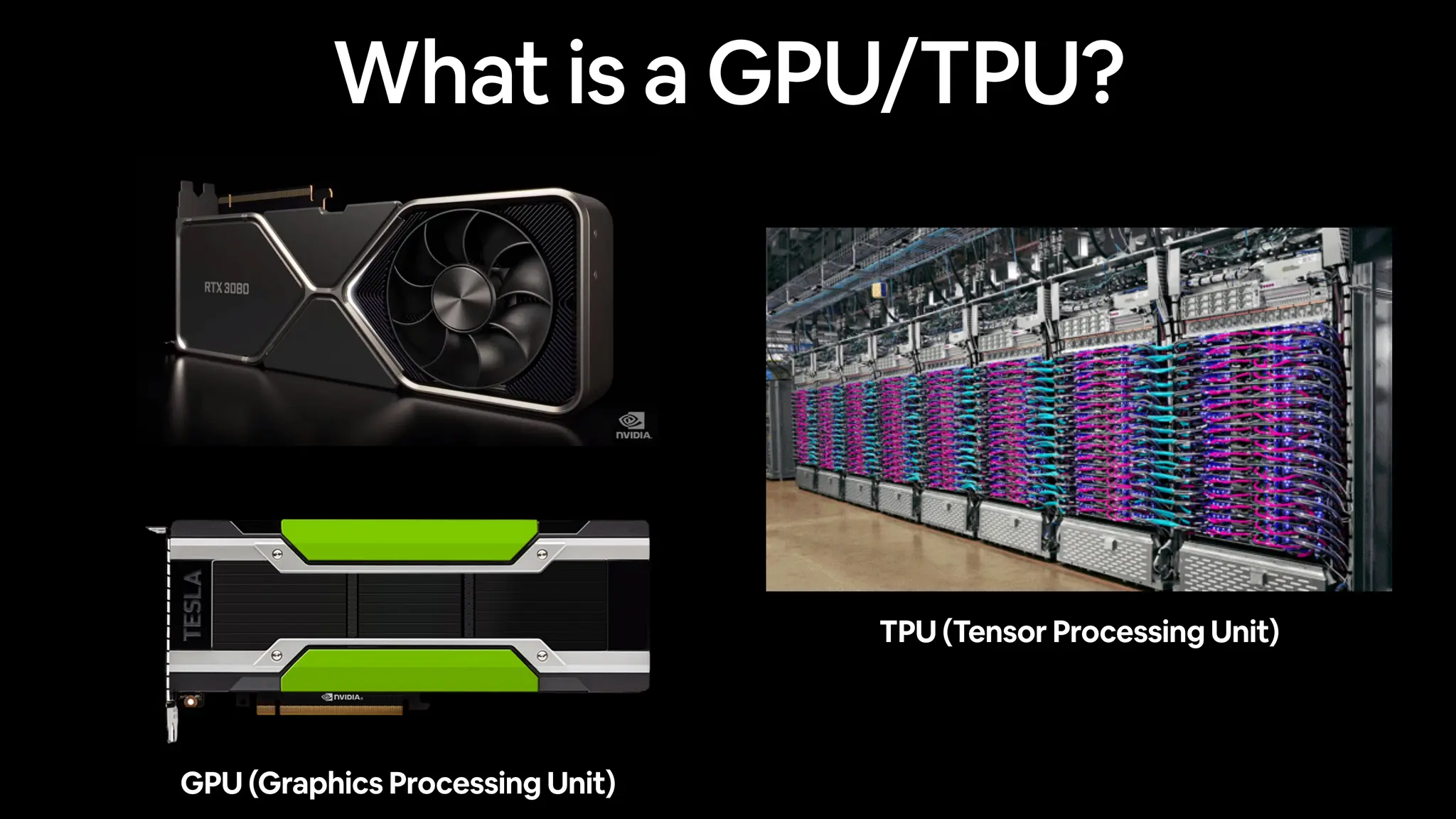 What is a GPU/TPU?
GPU (Graphics Processing Unit)
TPU (Tensor Processing Unit)
 