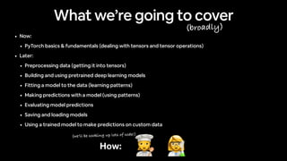 • Now:
• PyTorch basics & fundamentals (dealing with tensors and tensor operations)
• Later:
• Preprocessing data (getting it into tensors)
• Building and using pretrained deep learning models
• Fitting a model to the data (learning patterns)
• Making predictions with a model (using patterns)
• Evaluating model predictions
• Saving and loading models
• Using a trained model to make predictions on custom data
How: 👩🔬
👩🍳
What we’re going to cover
(broadly)
(we’ll be cooking up lots of code!)
 