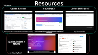Resources
https://www.github.com/mrdbourke/pytorch-deep-learning
Course materials
https://www.github.com/mrdbourke/pytorch-deep-learning/
discussions
Course Q&A
https://learnpytorch.io
Course online book
PyTorch website &
forums
This course
All things PyTorch
 