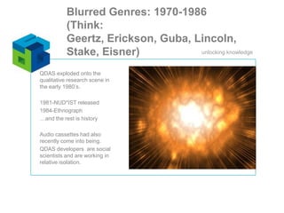 Blurred Genres: 1970-1986(Think: Geertz, Erickson, Guba, Lincoln, Stake, Eisner)QDAS exploded onto the qualitative research scene in the early 1980’s.1981-NUD*IST released1984-Ethnograph…and the rest is historyAudio cassettes had also recently come into being.  QDAS developers  are social scientists and are working in relative isolation.