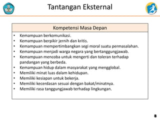 Tantangan Eksternal
Kompetensi Masa Depan
• Kemampuan berkomunikasi.
• Kemampuan berpikir jernih dan kritis.
• Kemampuan mempertimbangkan segi moral suatu permasalahan.
• Kemampuan menjadi warga negara yang bertanggungjawab.
• Kemampuan mencoba untuk mengerti dan toleran terhadap
pandangan yang berbeda.
• Kemampuan hidup dalam masyarakat yang mengglobal.
• Memiliki minat luas dalam kehidupan.
• Memiliki kesiapan untuk bekerja.
• Memiliki kecerdasan sesuai dengan bakat/minatnya.
• Memiliki rasa tanggungjawab terhadap lingkungan.
8
 