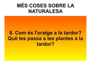 MÉS COSES SOBRE LA 
NATURALESA 
8. Com és l'oratge a la tardor? 
Què les passa a les plantes a la 
tardor? 
 