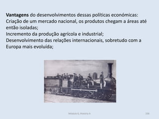 Módulo 6, História A 336
Vantagens do desenvolvimentos dessas políticas económicas:
Criação de um mercado nacional, os produtos chegam a áreas até
então isoladas;
Incremento da produção agrícola e industrial;
Desenvolvimento das relações internacionais, sobretudo com a
Europa mais evoluída;
 