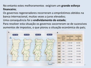 Módulo 6, História A 337
No entanto estes melhoramentos exigiram um grande esforço
financeiro;
Os governos regeneradores recorreram a empréstimos obtidos na
banca internacional, muitas vezes a juros elevados;
Uma consequência foi o endividamento do estado;
Para resolver esta situação os governos socorreram-se de sucessivos
aumentos de impostos, o que piorou a situação económica do país;
 