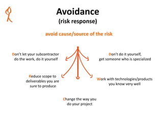 Avoidance
(risk response)
avoid cause/source of the risk
Don’t let your subcontractor
do the work, do it yourself
Reduce scope to
deliverables you are
sure to produce
Change the way you
do your project
Work with technologies/products
you know very well
Don’t do it yourself,
get someone who is specialized
www.relaxedprojectmanager.com
 
