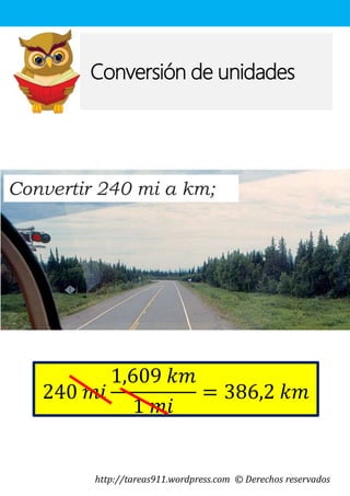 http://tareas911.wordpress.com © Derechos reservados
Convertir 240 mi a km;
Conversión de unidades
240 𝑚𝑖
1,609 𝑘𝑚
1 𝑚𝑖
= 386,2 𝑘𝑚
 