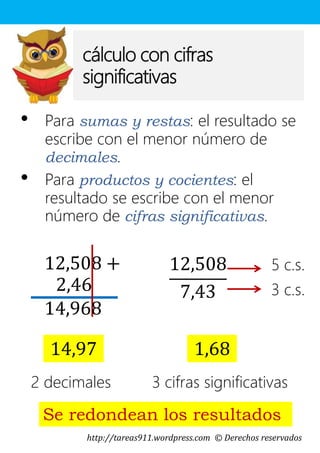 http://tareas911.wordpress.com © Derechos reservados
12,508
7,43
cálculo con cifras
significativas
• Para sumas y restas: el resultado se
escribe con el menor número de
decimales.
• Para productos y cocientes: el
resultado se escribe con el menor
número de cifras significativas.
12,508 +
2,46
14,968
14,97
2 decimales
5 c.s.
3 c.s.
1,68
3 cifras significativas
Se redondean los resultados
 