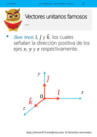 http://tareas911.wordpress.com © Derechos reservados
Vectores unitarios famosos
…
• Son tres: 𝑖, 𝑗 y 𝑘, los cuales
señalan la dirección positiva de los
ejes 𝑥, 𝑦 y 𝑧 respectivamente.
7/21/2016 Yuri Milachay / Universidad / Física I 10
x𝑖0
y
z
𝑗
𝑘
 