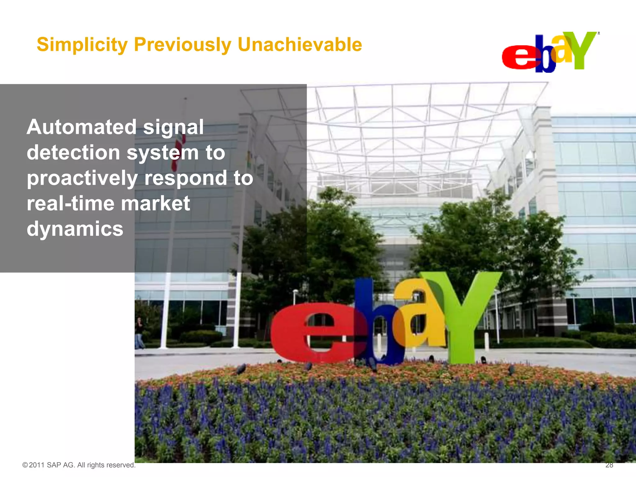 Simplicity Previously Unachievable
eBay Early Signal Detection System powered by Predictive Analytics

Automated signal
detection system to
proactively respond to
real-time market
dynamics

© 2011 SAP AG. All rights reserved.

28

 