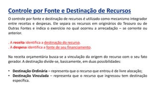 Controle por Fonte e Destinação de Recursos
O controle por fonte e destinação de recursos é utilizado como mecanismo integrador
entre receitas e despesas. Ele separa os recursos em originários do Tesouro ou de
Outras Fontes e indica o exercício no qual ocorreu a arrecadação – se corrente ou
anterior.
. A receita identifica a destinação do recurso.
. A despesa identifica a fonte de seu financiamento.
Na receita orçamentária busca-se a vinculação da origem do recurso com o seu fato
gerador. A destinação divide-se, basicamente, em duas possibilidades:
• Destinação Ordinária – representa que o recurso que entrou é de livre alocação;
• Destinação Vinculada – representa que o recurso que ingressou tem destinação
específica.
 