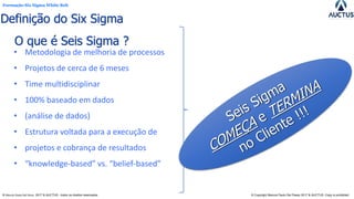 Formação Six Sigma White Belt
® Marcos Paulo Del Passo 2017 & AUCTUS - todos os direitos reservados © Copyright Marcos Paulo Del Passo 2017 & AUCTUS -Copy is prohibited
O que é Seis Sigma ?
Definição do Six Sigma
• Metodologia de melhoria de processos
• Projetos de cerca de 6 meses
• Time multidisciplinar
• 100% baseado em dados
• (análise de dados)
• Estrutura voltada para a execução de
• projetos e cobrança de resultados
• “knowledge-based” vs. “belief-based”
 