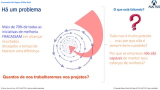 Formação Six Sigma White Belt
® Marcos Paulo Del Passo 2017 & AUCTUS - todos os direitos reservados © Copyright Marcos Paulo Del Passo 2017 & AUCTUS -Copy is prohibited
Há um problema
Mais de 70% de todas as
iniciativas de melhoria
FRACASSAM em alcançar
resultados
desejados a tempo de
fazerem uma diferença.
Quantos de nos trabalharemos nos projetos?
O que está faltando?
Tudo isso é muito potente
. . . mas por que não é
sempre bem-sucedido?
Por que as empresas não são
capazes de manter seus
esforços de melhoria?
 